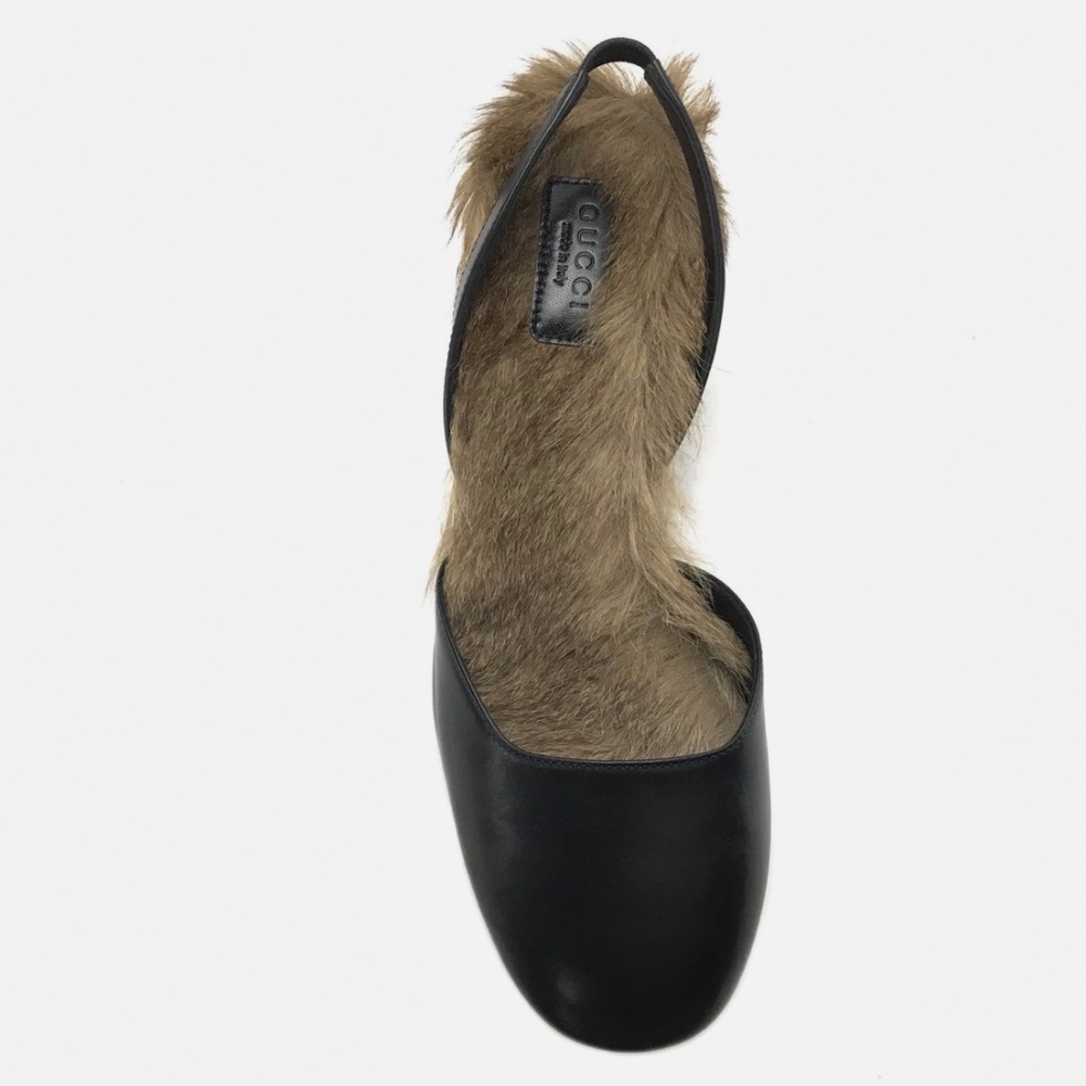 GUCCI Leather Arielle Gold Heel Fur Lined Pumps - Picture 6 of 11